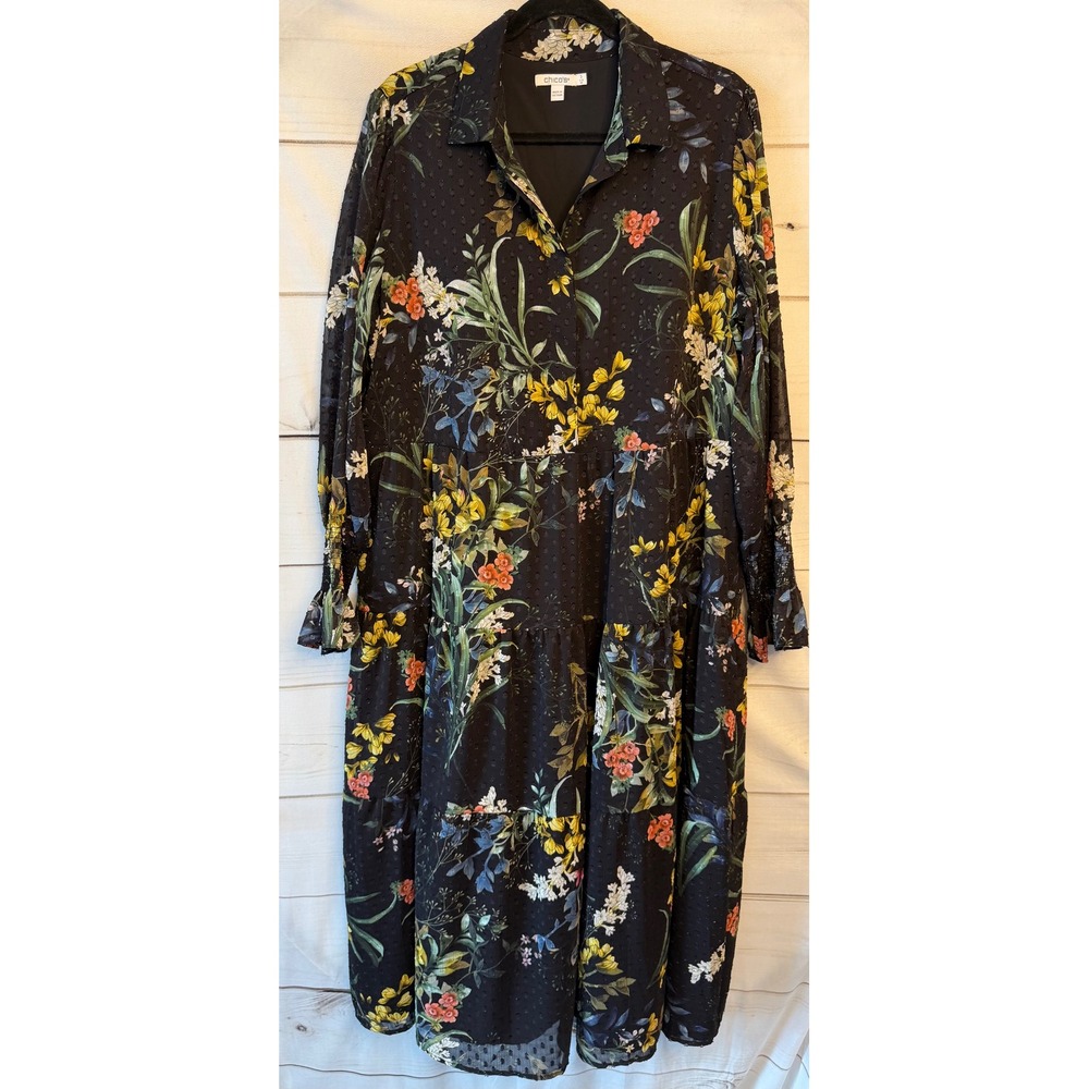 Chicos Black Floral Swiss Dot Tiered Midi Shirtdress Long Sleeve Size 3 US 16